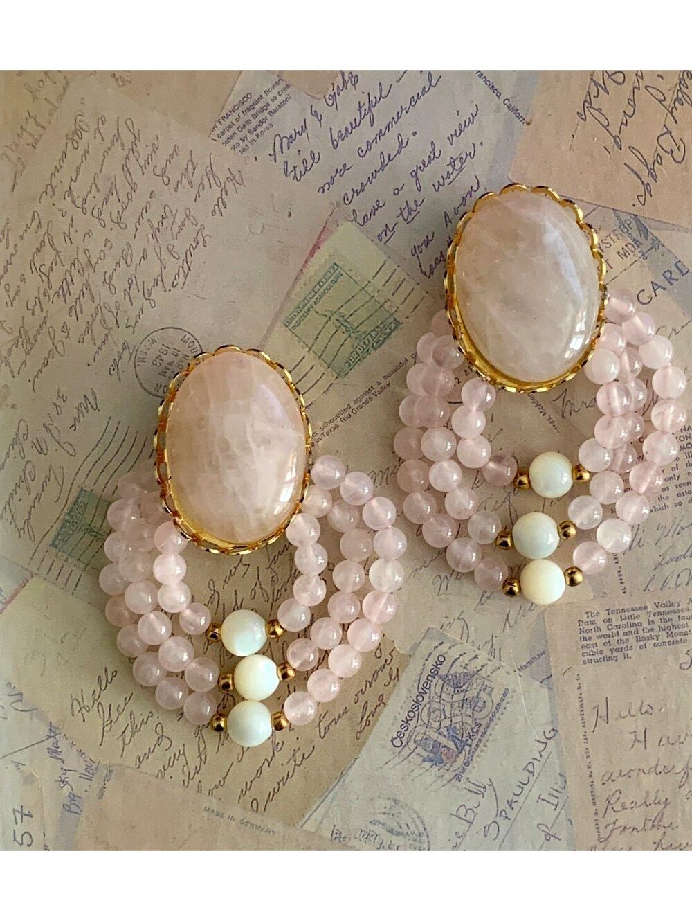 Vintage Rose Quartz & Mother of Pearl Clip-On Earrings